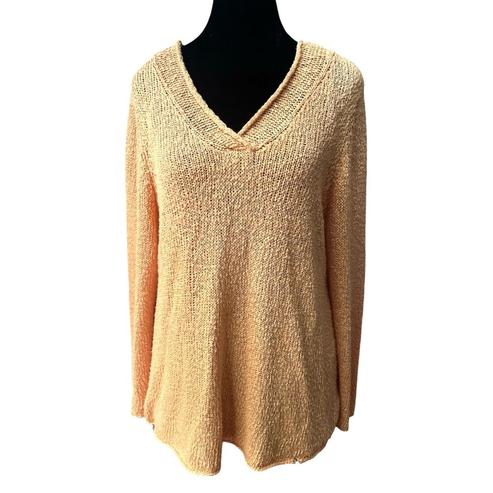EILEEN FISHER Open Knit V Neck Sweater XL Lightweight Cotton Long Sleeve
